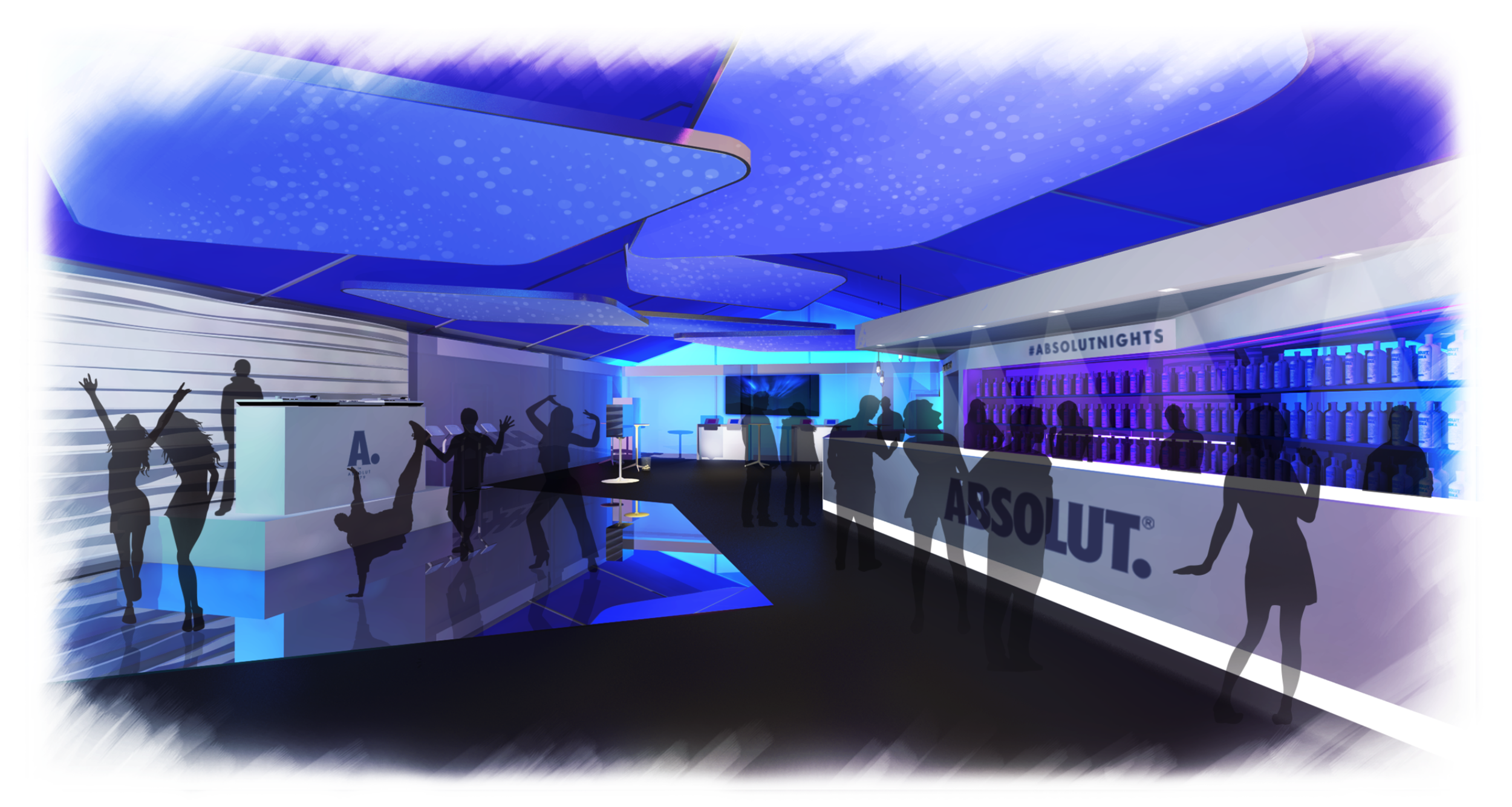 Pop-up bar with DJ, interactive projections, and photo activities for a major liquor brand at Coachella . Bars designed with Perch Interactive .