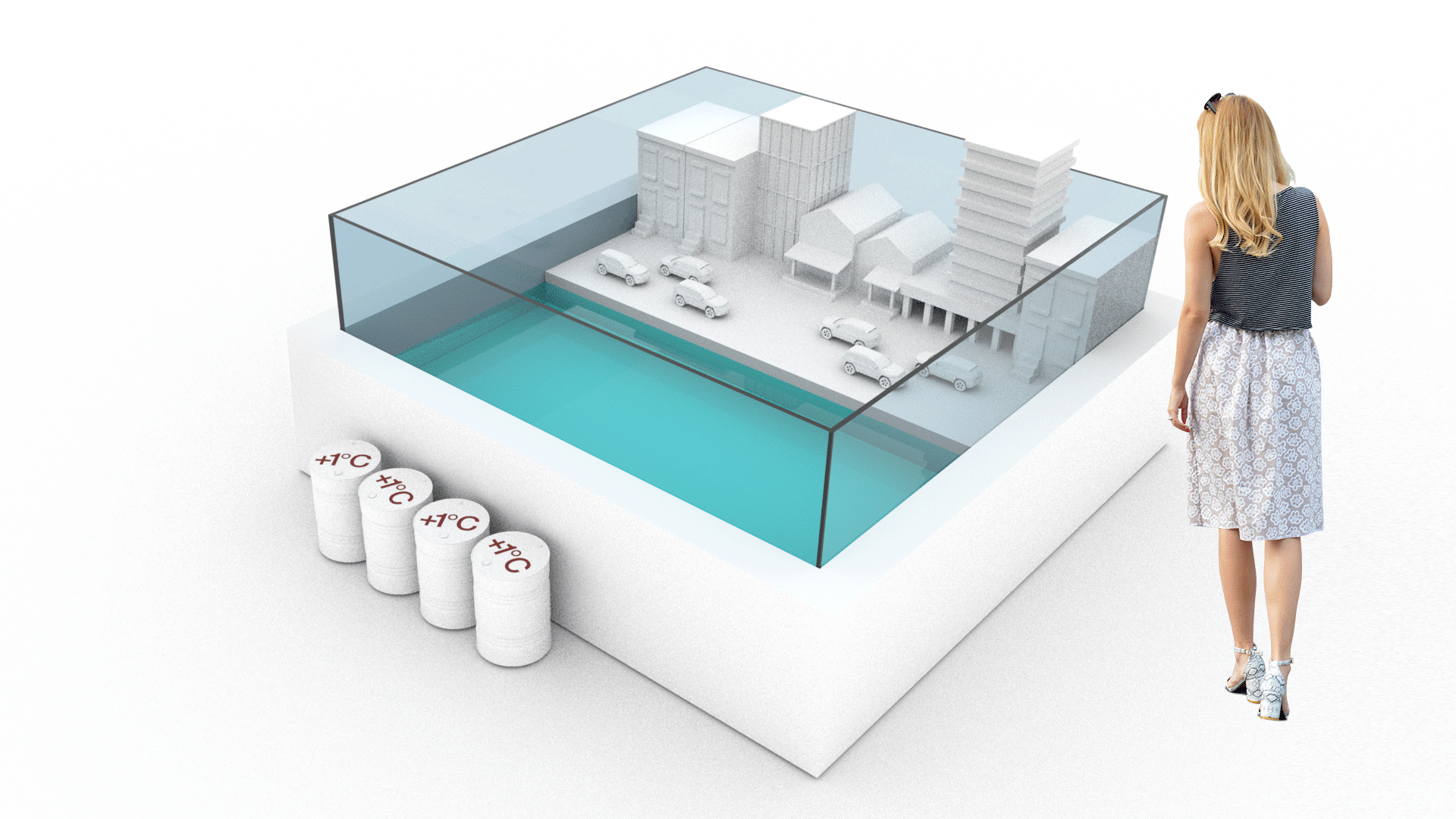 Interactive exhibit display visualizing sea level rise estimates in a warming atmosphere. Based on NOAA projections for the year 2100. Designed with Dera Lee .