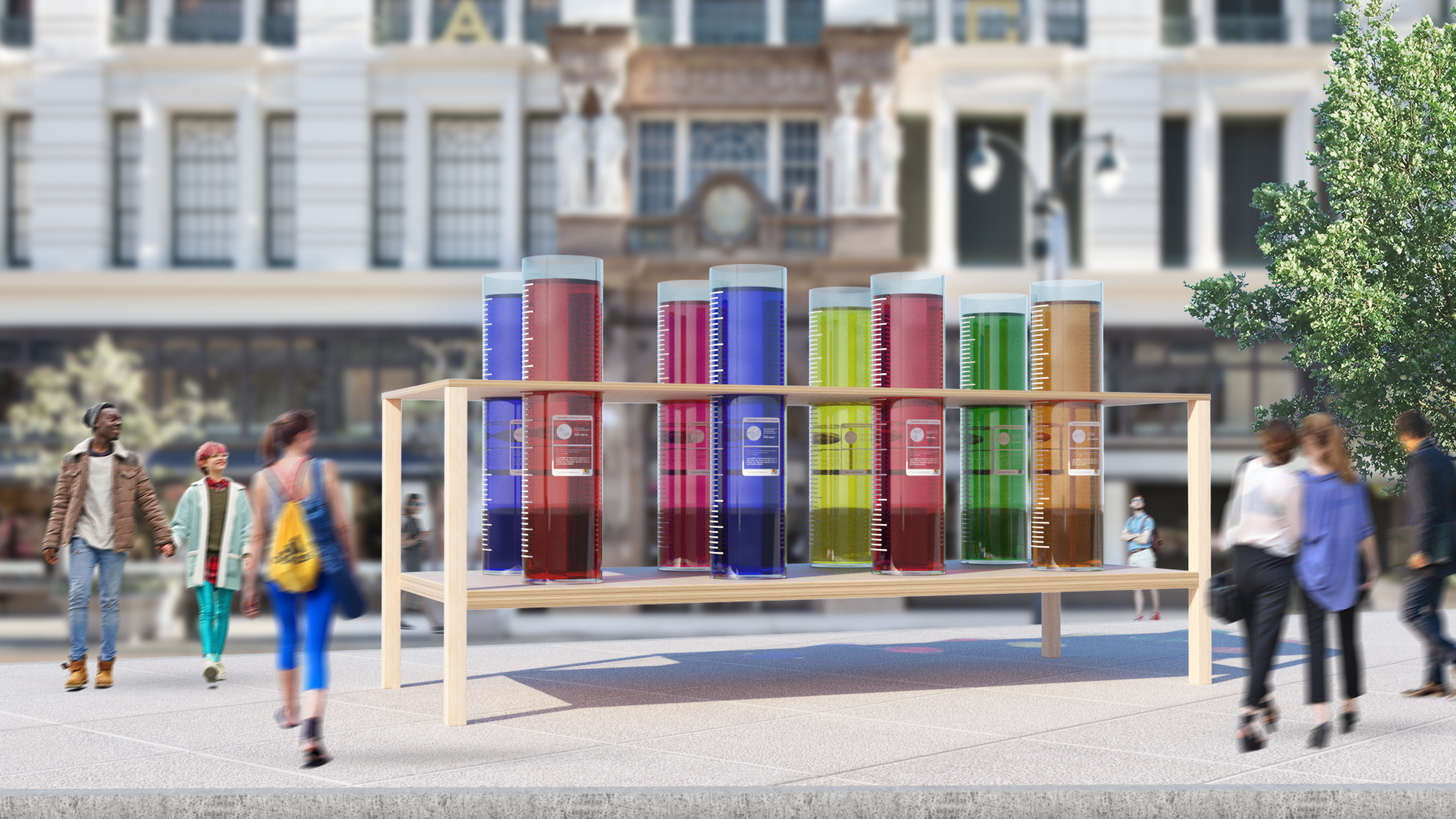 Outdoor plaza installation visualizing the quantity of artificial food dyes that American children eat and drink on a daily basis. Designed for Madwell .