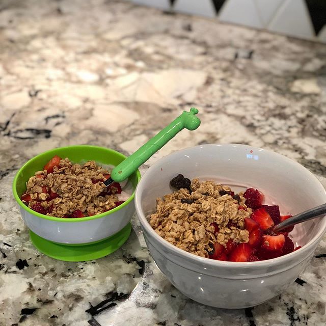 Mama and me breakfast. Hers probably tasted better due to the green bowl and matching green giraffe spoon...am I right?! I get a lot of questions about yogurt in my practice, usually starting with, &lsquo;doesn&rsquo;t it have too much sugar?&rsquo; 