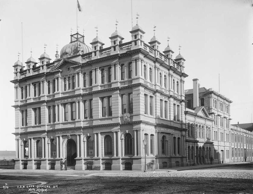 The NMA building, formally the headquarters of The Union Steam Ship Company. Although 'modernized' in the 1940's it still stands on the corner of Vogel St & Water St.