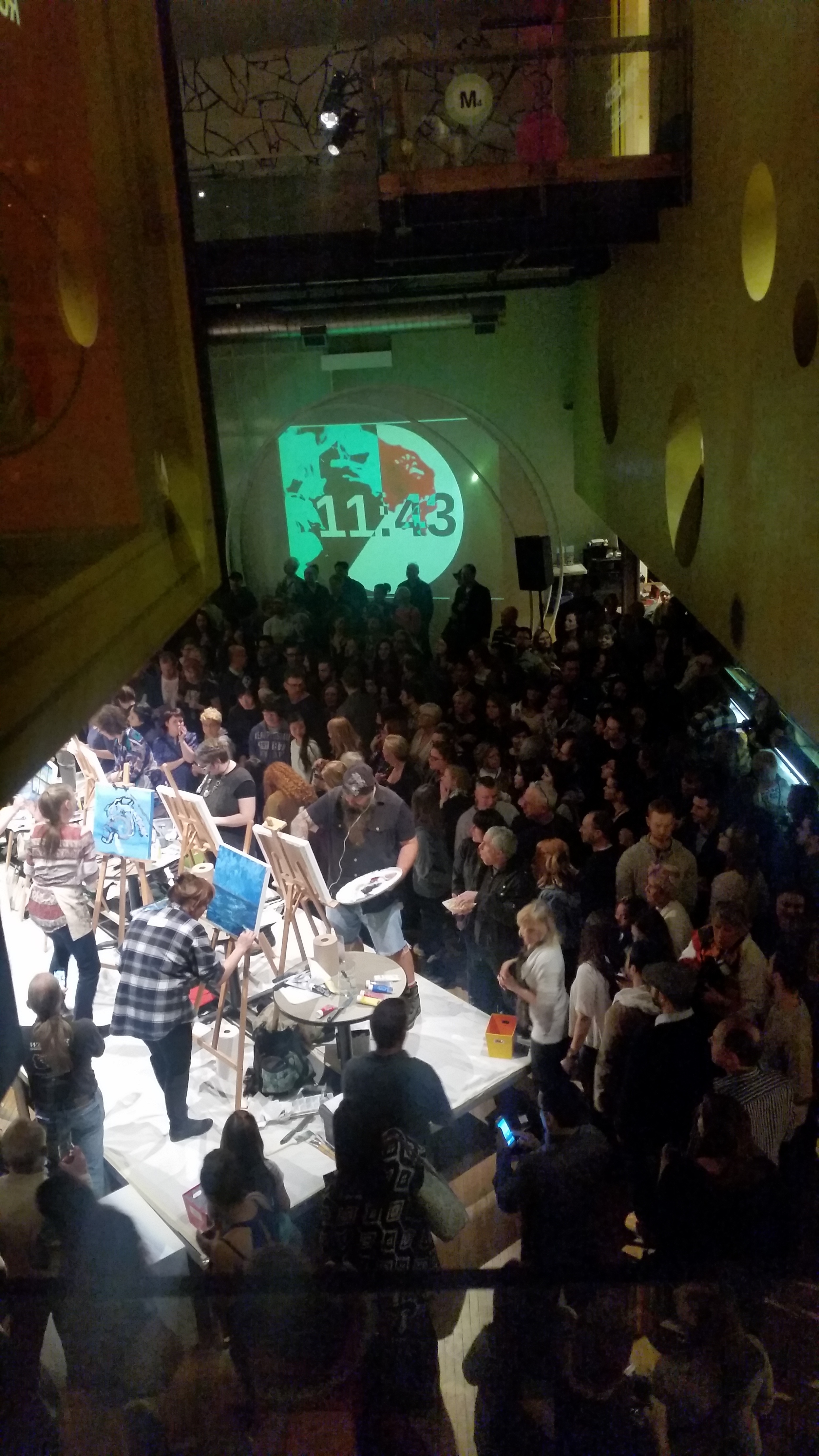 On the clock. Partial crowd shot taken from the second floor