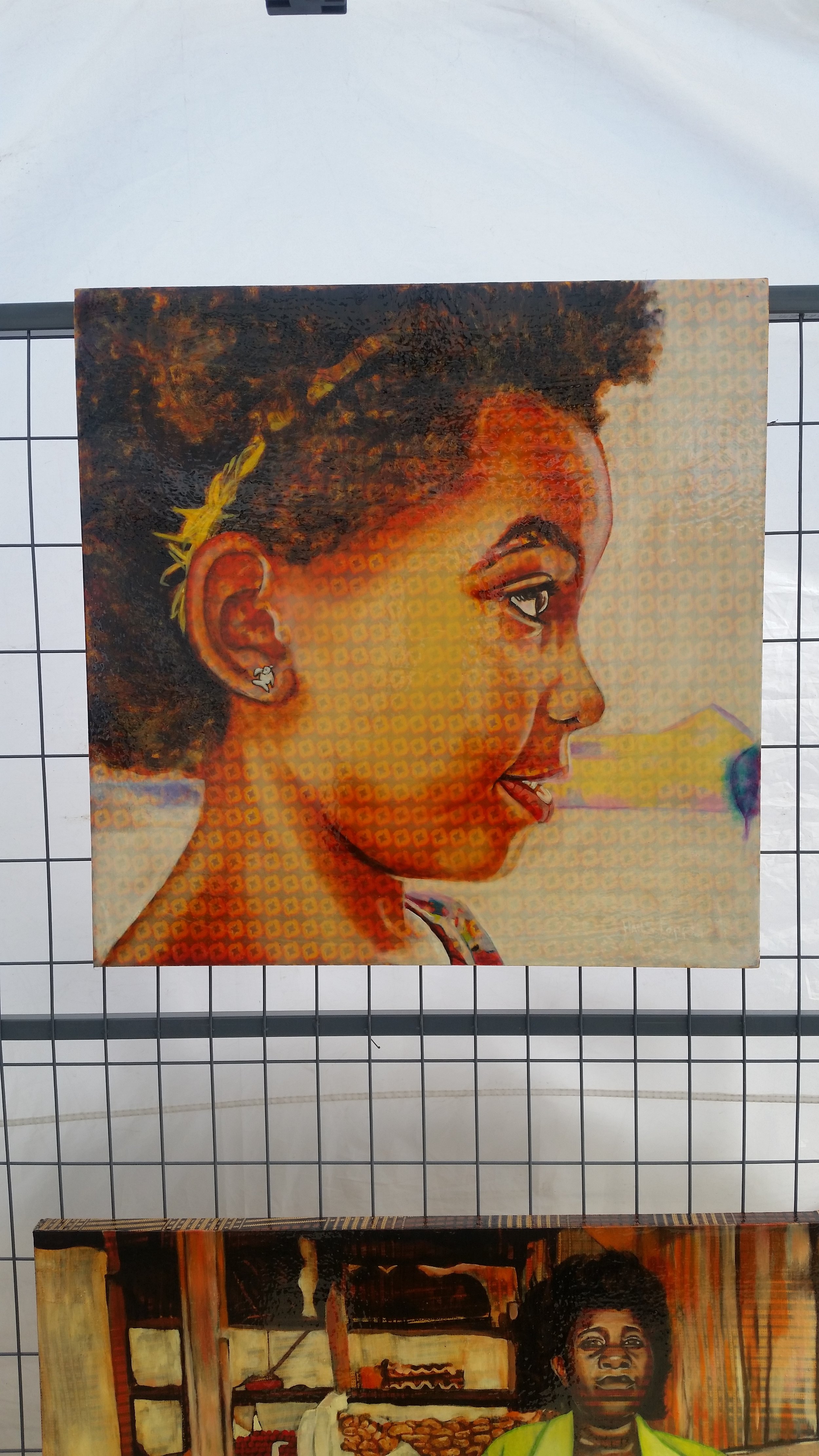 Work by Hans Poppe. Oil on Kitenge (African Fabric) on Woodpanel