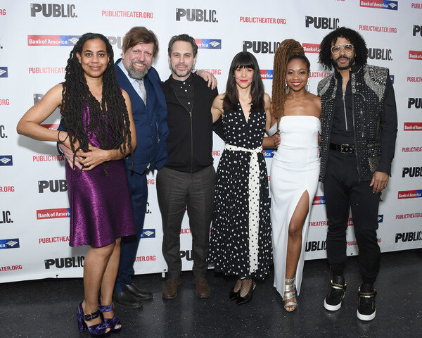  Suzan-Lori Parks, Oskar Eustis, Thomas Sadoski, Zoe Winters, Sheria Irving and Daveed Diggs attend "White Noise" Opening Night at The Public Theater on March 20, 2019 in New York City. 