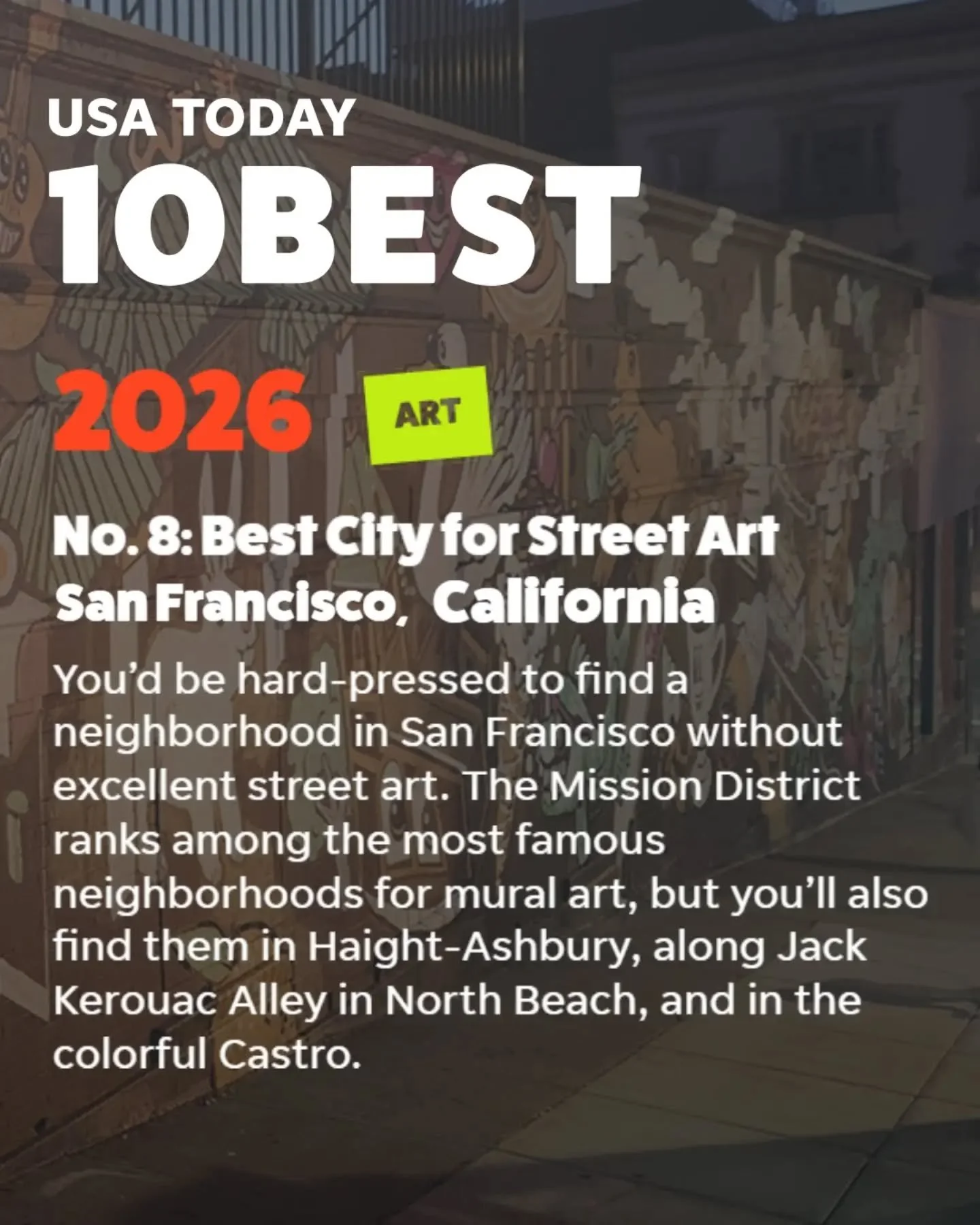 We believe art belongs in the streets and we&rsquo;re so excited to see San Francisco named in USA Today @10best as No. 8 Best City for Street Art 💪

Since 2018, Building 180 &amp; @paintthevoidproject have:

🔸Created 350+ murals
🔸Paid 320+ local 