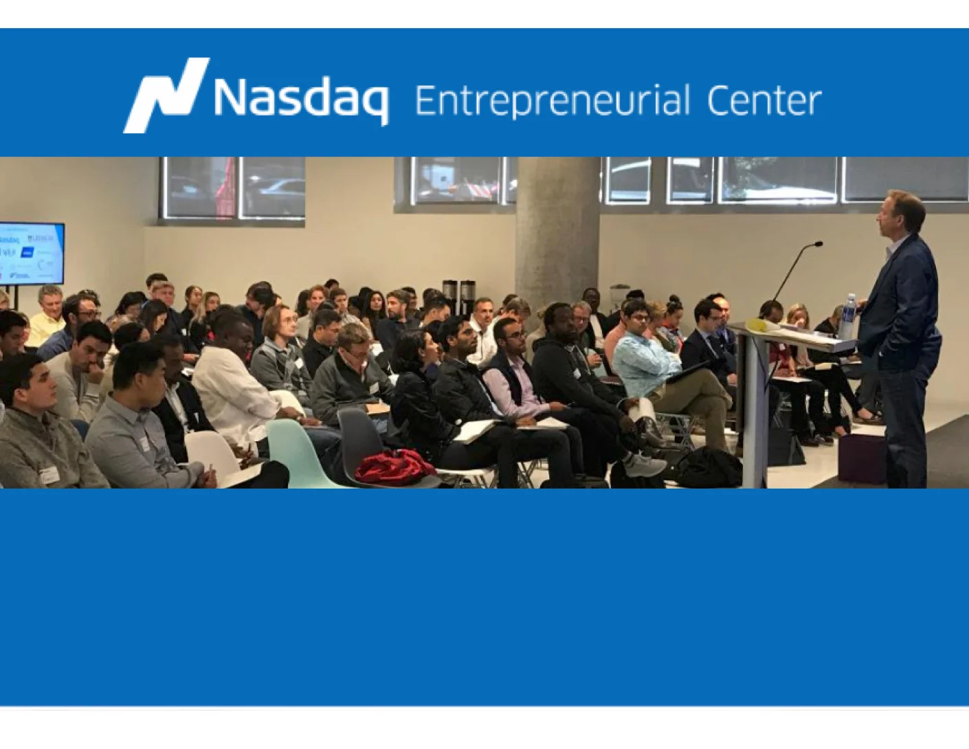 J.D. speaking with entrepreneurs at the NASDAQ Entrepreneurial Center in San Francisco.