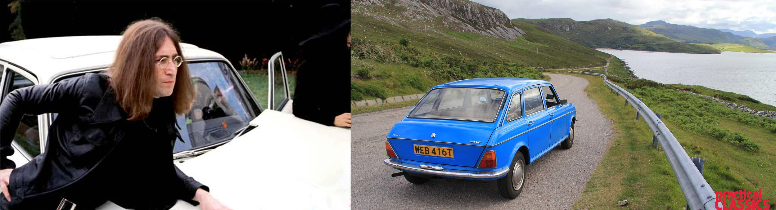Lennon poses with the crashed Maxi (left) and James retraces his steps in northern Scotland (right).