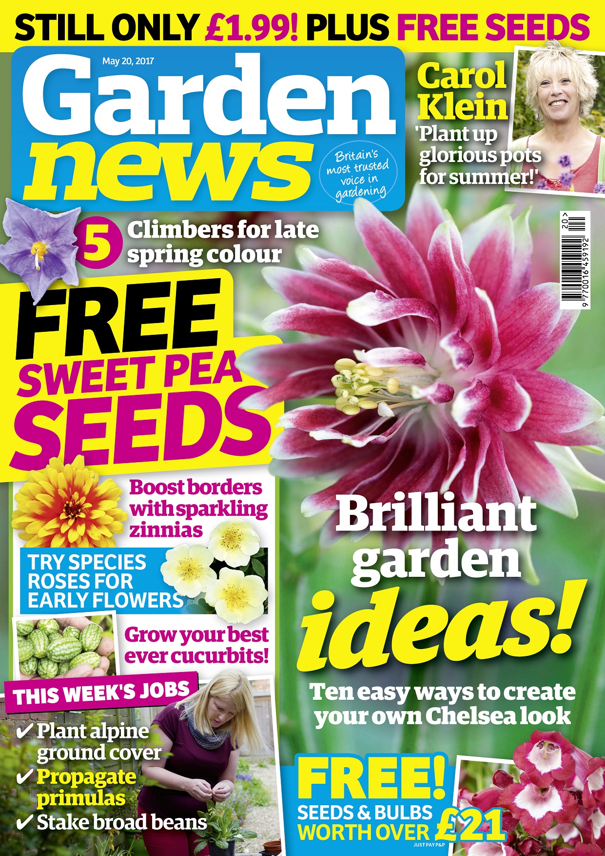 Carol Klein says planting summer pots is a great opportunity to experiment as well as having some fun. The Garden News Team are propagating primulas from seed, planting alpine ground cover, pruning forsythia, feeding veg and staking broad beans. Our Garden of the Week is an ever-evolving Staffordshire garden that has thrown up a few challenges for its owners - but they've conquered them all! This Week's Features: Be Inspired By Chelsea - recreate some of the top show features in your own garden; Zinnias For Summer Zing - sow these bold beauties now to boost your borders; Oh My Gourd! For taste and versatility make room for quick and easy-grow cucurbits; Garden News Expert Contributors this week include Inspirational gardener Nick Bailey, Undercover gardener Martin Fish, Growing for showing with Medwyn Williams, Tales from the allotment with Terry Walton, Lynne Dibley on houseplants and Dave Kenny on roses. 