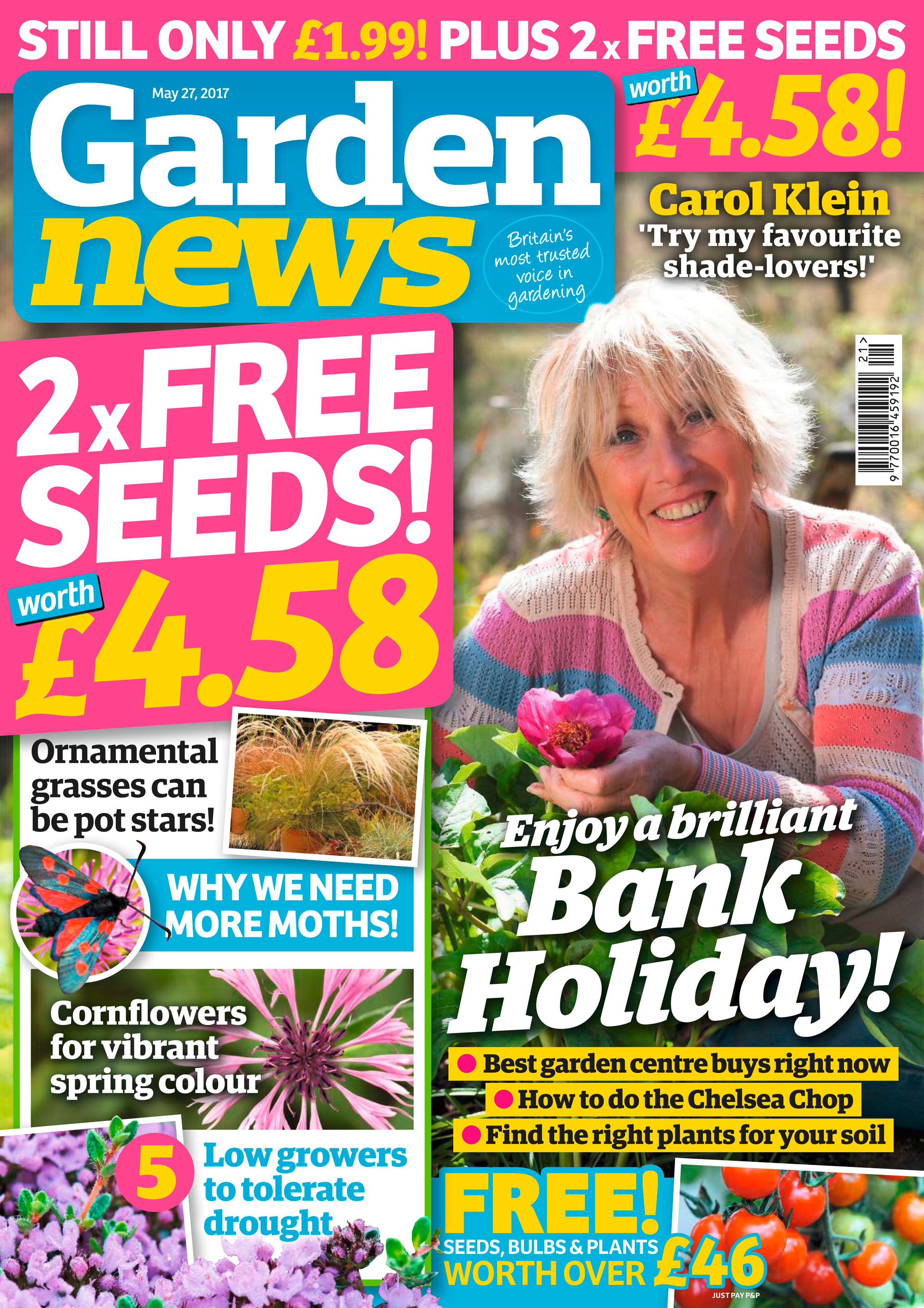 Carol Klein says we should revel in the shade - it offers a marvellous opportunity to grow some of the most entrancing plants on the planet! The Garden News Team are propagating succulents, damping down the greenhouse, planting herbaceous clematis and lifting and storing tulips. Our Garden of the Week is a beautifully designed, plant-packed, Bedfordshire cottage garden that has evolved slowly from an almost blank canvas. This Week's Features: New plants at Chelsea 2017; Pick of the garden centre pops; Freshen up with the Chelsea Chop; The best plants to suit your soil. Garden News Expert Contributors : Rob Smith gets creative with corn, Martin Fish pots up a fig, Medwyn is growing peas, Terry's allotment is greening up, Nigel Lucas is giving ornamental grasses a good home and Dave Gillam is planting out dahlias. 