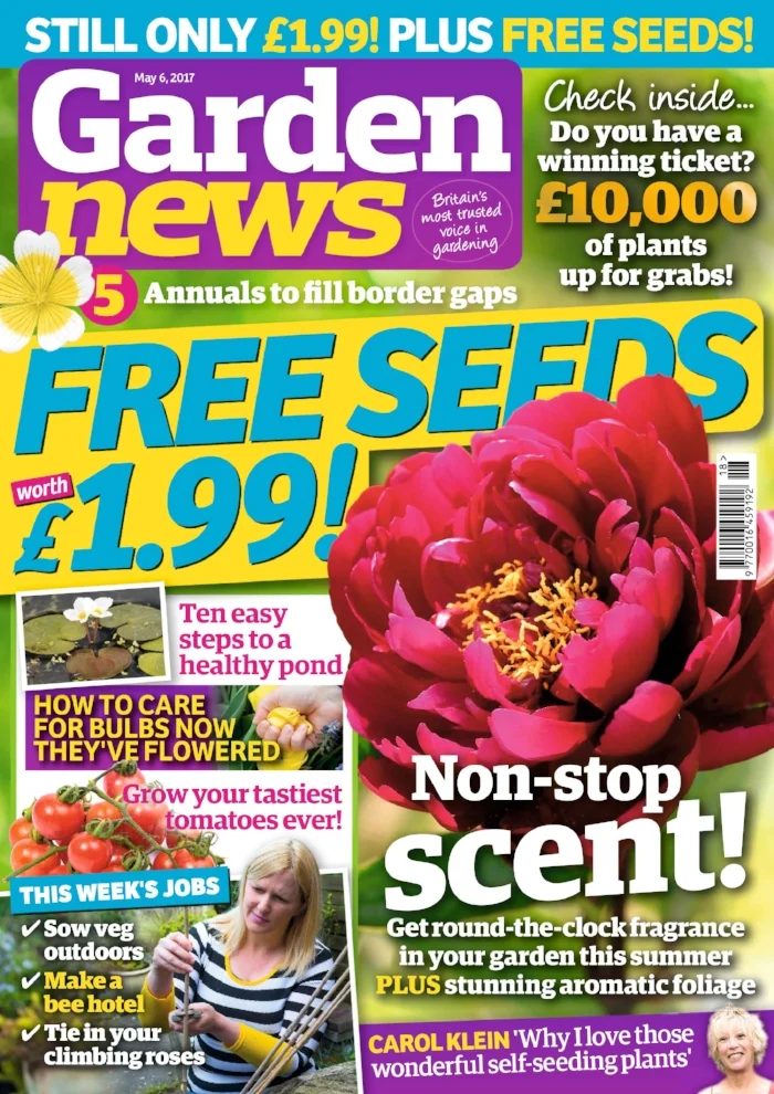 Carol Klein says gate crashers are welcome in her garden! Cherished plants that are generous enough to self-seed often make the party go with a swing. The Garden News Team are making a bee hotel, sowing outdoor veg, transplanting onions, giving bulbs some aftercare and deadheading rhododendrons. Our Garden of the Week is full of surprises – from terracotta warriors to handbag planters and a beach hut, novelties abound in this Nottinghamshire garden. This Week's Features: 24 hours of non-stop scent; Get fragrant with foliage, and Top 10 tips for a healthy pond. Garden News Expert Contributors this week include Nick Bailey the Inspirational Gardener, Graham Strong on bedding and John Nicholass on fuchsias. 