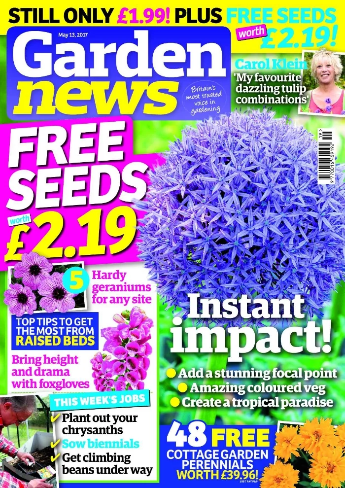Carol Klein is captivated by the magical allure of tulips - they seem to be more popular than ever! The Garden News Team are spring cleaning their ponds, sowing biennials, potting on young chrysanths, and caring for growing potatoes in bags. Our Garden of the Week is a garden to learn from - one woman's diligent work has transformed a windswept piece of grassland into a sheltered haven brimming with edibles and lowers. This Week's Features: Easy ways to give your garden instant impact, colourful vegetables, and how to go totally tropical on your plot with easy palms and succulents. Garden News Expert Contributors this week include Rob Smith the Globetrotting Gardener, John Peace and Ivor Mace on chrysanths, and Ken Abel on pelargoniums. 