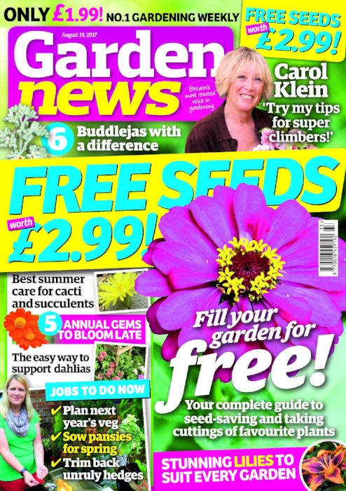 Carol Klein says the sky's the limit! Climbing plants, along with interesting supports, offer a different dimension to any garden The Garden News Team are planning next year's veg garden, sowing pansies for spring, pruning unruly hedges, caring for bay trees and brassicas, and harvesting kohlrabi. Our Garden of the Week is an upward-sloping Worcestershire garden that carefully nurtures Mediterranean plantings, hot beds and exotic specimens. This Week's Features: How to save seeds at home, making more of your favourite plants from cuttings, and lovely lilies! Garden News Expert Contributors : Alasdair Glen on cacti and succulents, and John Peace and Ivor Mace on chrysanths. Plus all our regular columnists! 