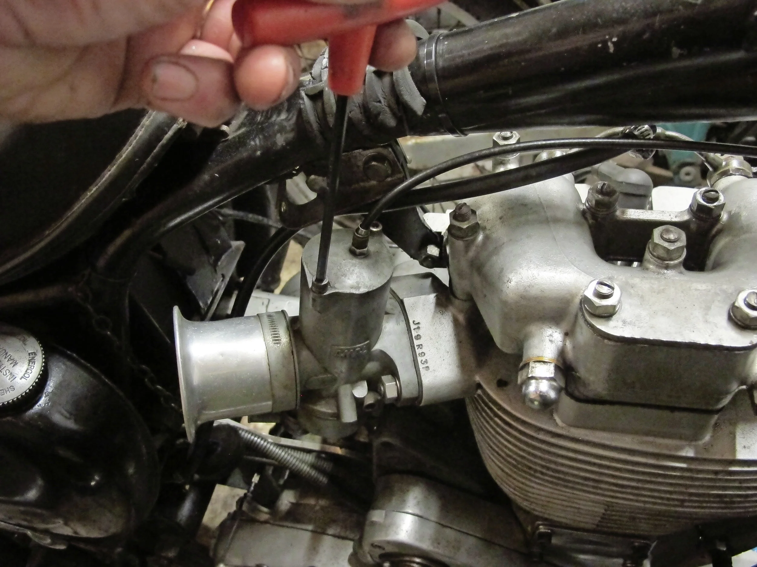 1. The problem with Allen screws in carbs is that it’s easy to overtighten them. There was barely any of the original 2BA thread left in this Concentric I am fitting to the Gold Star...