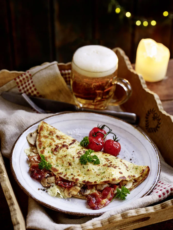Bacon, mushroom and cheese pancakes. LandScape magazine, Christmas 2017 issue.