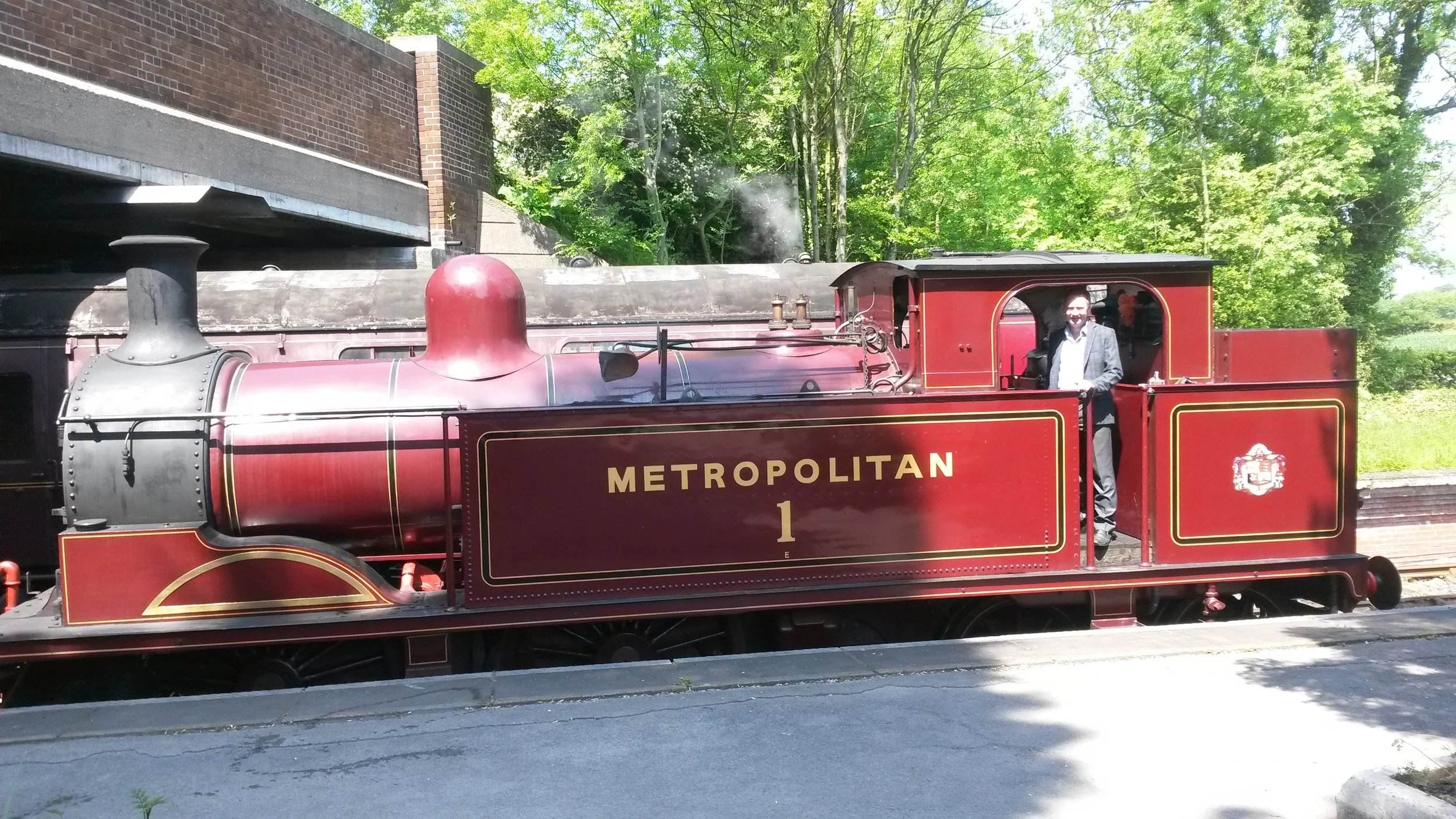 The Midland Railway - Butterley's new General Manager, Geoff Smith, cabs visiting locomotive 0-4-4T Metropolitan Railway No. 1. Midland Railway - Butterley