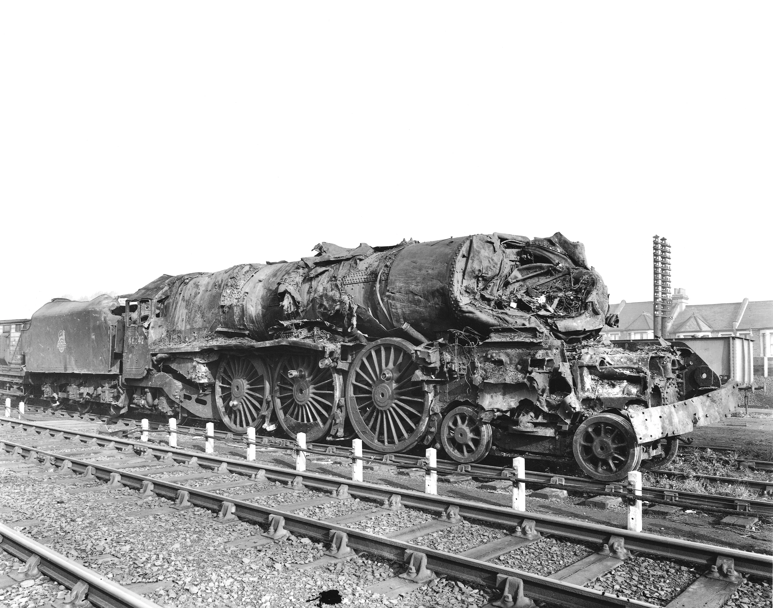 The battered remains of 'Princess Coronation' No. 46242 City of Glasgow after the Harrow & Wealdstone disaster. The locomotive's crew were killed in the accident, along with 110 others. NRM