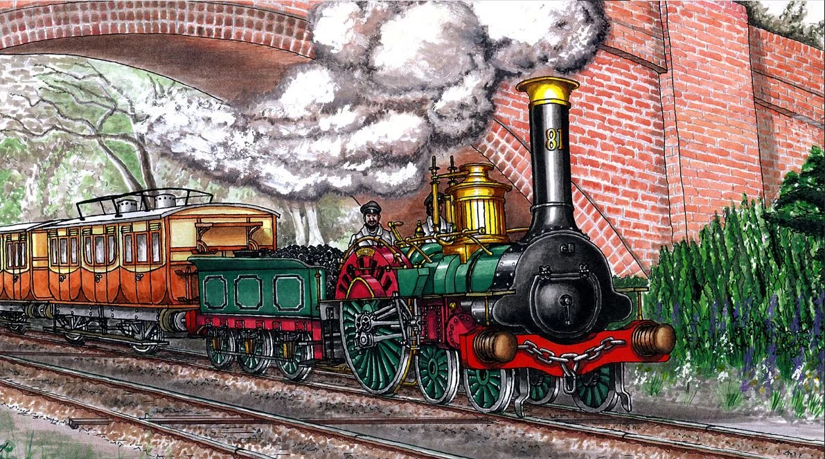 The locomotive the CLT intends to re-create: SER ‘Crampton’ 4-2-0 No. 81, near Penhurst on a Dover boat train circa 1850. MIKE PEASE