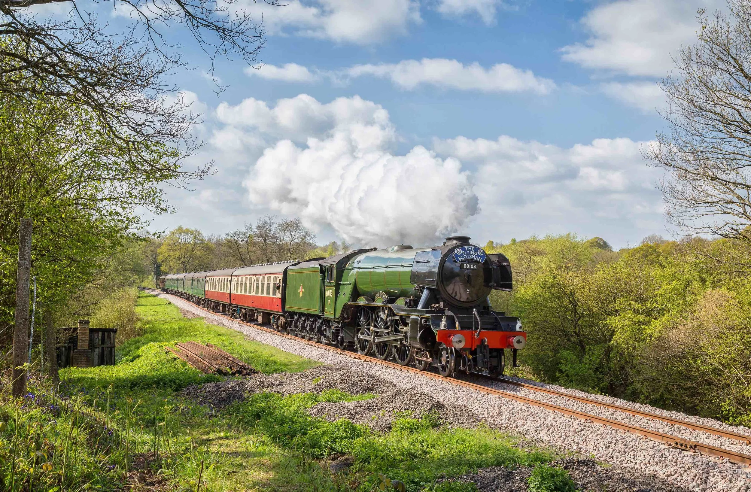During its most recent visit to a preserved railway, ‘A3’ No. 60103 Flying Scotsman approaches the top of Holiwell Bank on its last day of operation at the Bluebell Railway on April 19. JONATHAN HUGHES