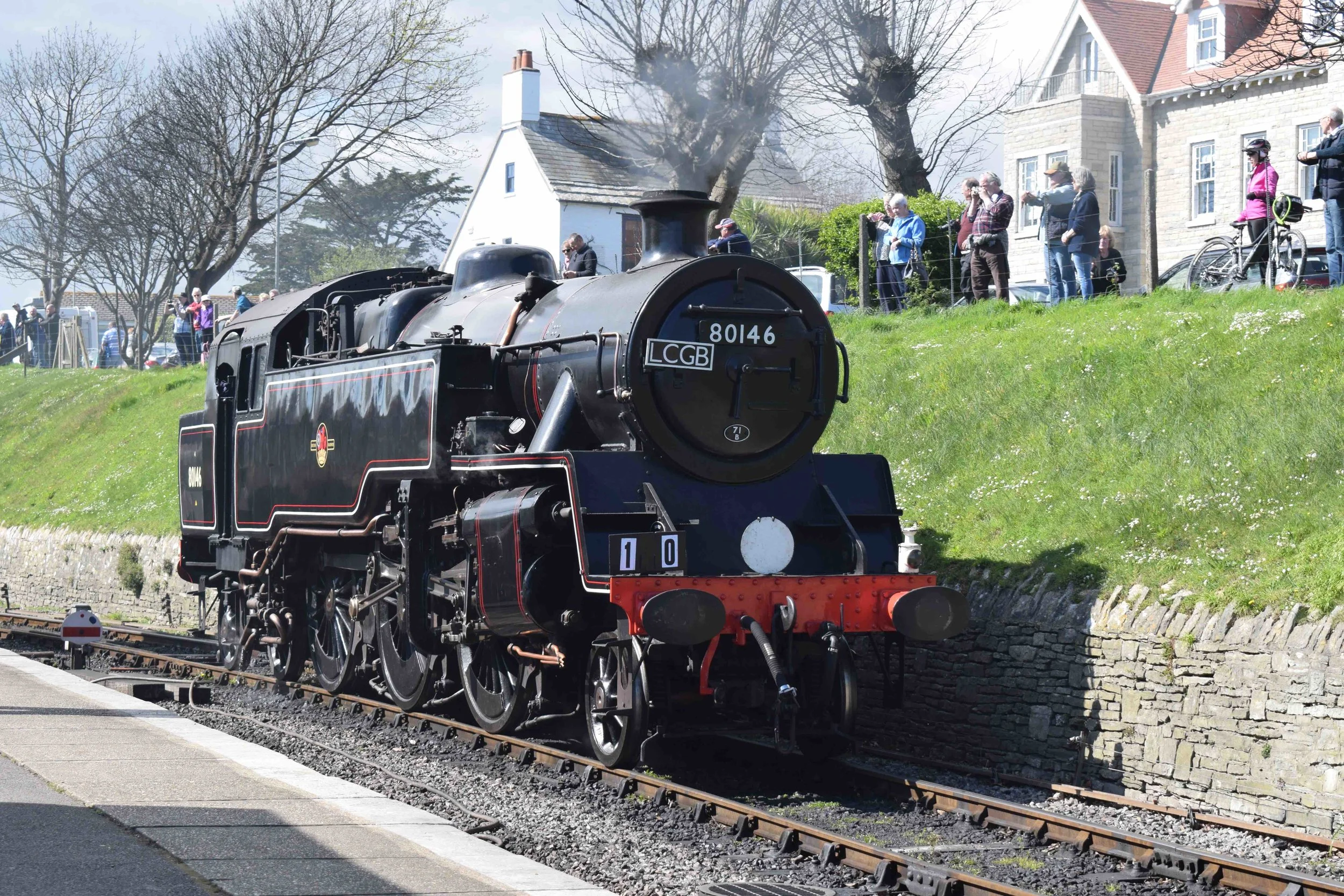 BR Standard ‘4MT’ No 80104, in disguise as classmate and ’67 survivor No. 80146, rests at Swanage on the final day of the railway’s ‘Strictly Bulleid’ gala on April 2. THOMAS BRIGHT/SR