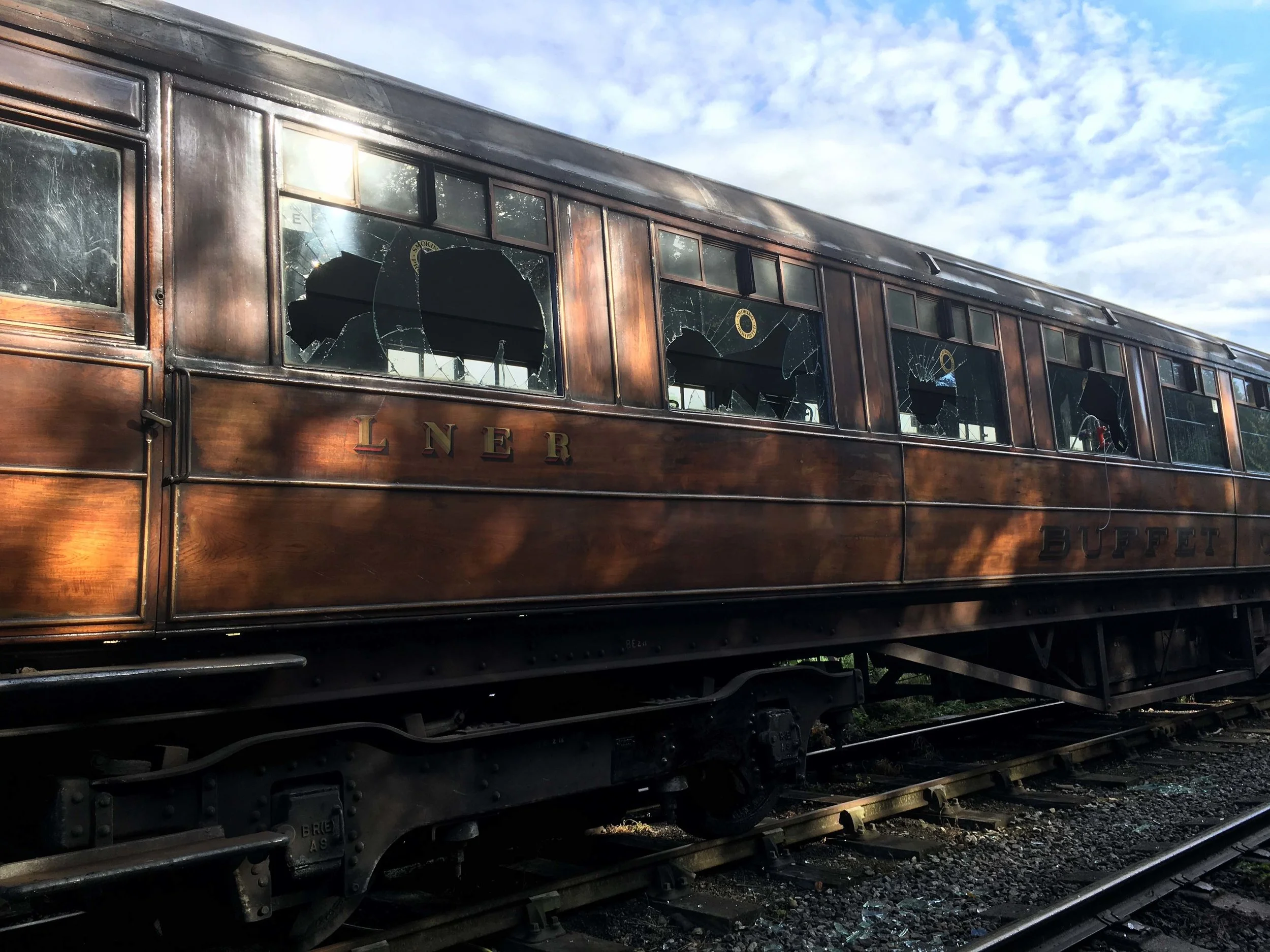 Windows, amongst other items, on the NYMR’s LNER eight-coach teak rake were smashed by vandals on July 22. NYMR