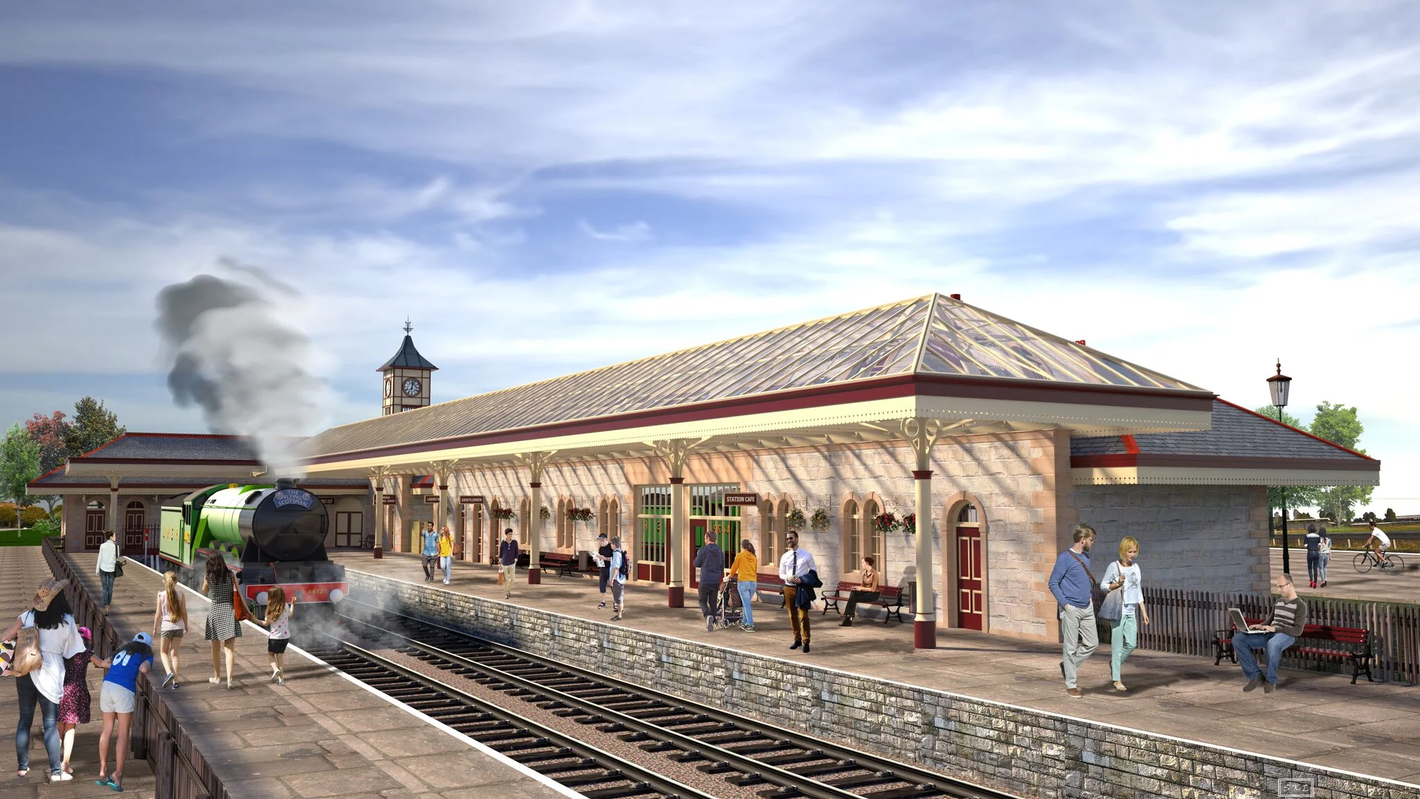 An artist’s impression of the completed development of Rawtenstall station, showing the extended station building and ‘L’ shaped platform canopy. ELR/EQUILIBRIUM ARCHITECTS