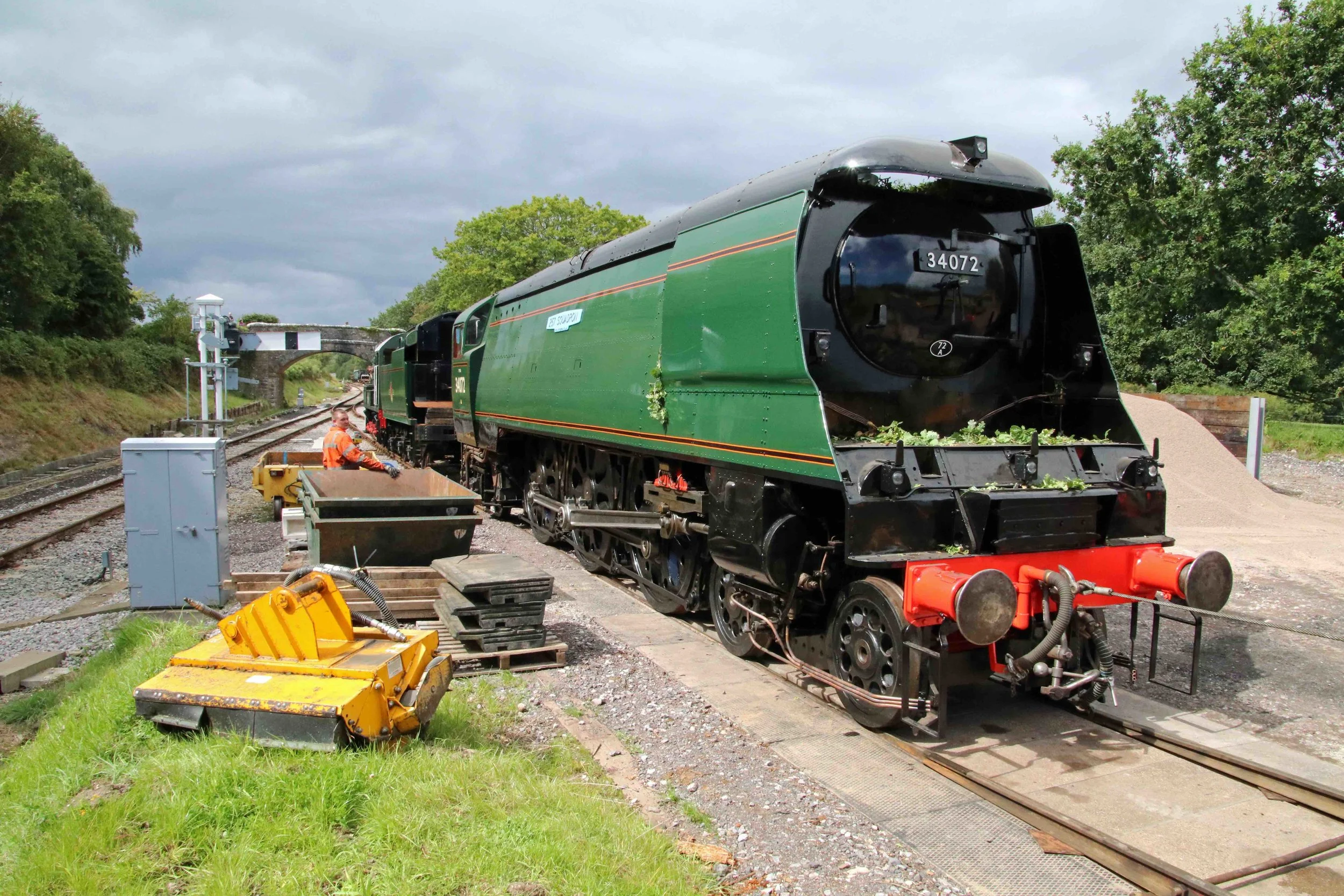Fresh from overhaul, 'Battle of Britain' No. 34072 257 Squadron s united with its new-build tender at Norden on the Swanage Railway on August 21. ANDREW P. M. WRIGHT