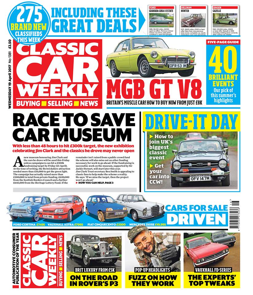The latest issue of Classic Car Weekly is out in the shops first thing! Here's what to look forward to: The best events to look forward to on Drive It Day this Sunday - and how to get a picture of your classic into next week's paper MGB GT V8 - top tips on buying Abingdon's muscle car Why the race is on to get the new Jim Clark museum up and running, and how you can help make it a reality Nick Larkin on why the Rover P3 is a wonderful ticket back to late 1940s motoring Got a car with pop-up headlights? Fuzz Townshend explains the how the coolest classic tech of the lot works Top tips for tweaking Vauxhall's FD-series saloons (including one that only costs £70) 40 great things to do with your classic this summer - don't miss our five-page guide The best - and worst - deals from the biggest classic car treasure trove in Europe PLUS more than 275 BRAND NEW classic car classifieds this week, the latest news, auction updates, and four more cars for sale tested (including a Cortina we were half tempted to buy ourselves). Make sure you don't miss out on your copy - buy your next classic the smart way with CCW!