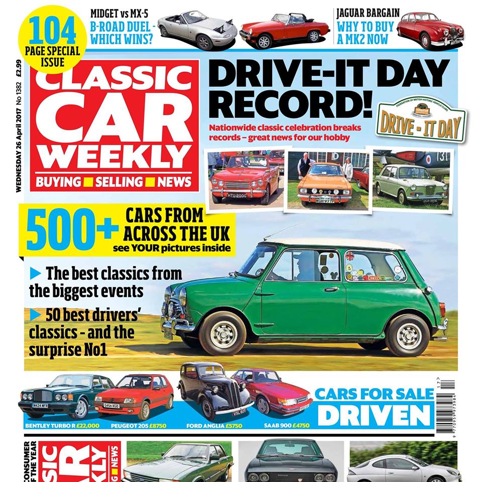 Don't miss our 104-page Drive It Day special issue of Classic Car Weekly, out first thing tomorrow! Here's what to look forward to: More than 500 classic cars in pictures, from Drive-It Day events across the UK. Can you spot your pride and joy in our special report? The 50 Best Driver's Classics of All Time - after a lot of arguing (and several gallons of coffee) we've ranked the most enjoyable cars to drive - don't miss out on seeing where your favourite car comes in our countdown! Our Classics special: MG Midget vs Mazda MX-5. Our expert owners decide which is the most fun to drive. Why the Jaguar Mk2 is such a tempting classic buy at the moment Our £500 Ford Puma goes in search of Wales' best driving road - with just one tank of fuel to do it. How far does it get? Top tips if you're thinking of buying a Jensen Interceptor - and the pitfalls to avoid Give your Cortina MkIV/80 a 2017 makeover - keep the style, improve the go with our handy guide The Way We Were: Find out where the first non-German VW Beetle was bolted together PLUS the latest classic car news, auction updates, four more cars for sale and hundreds of cars in our classifieds - make sure you gr