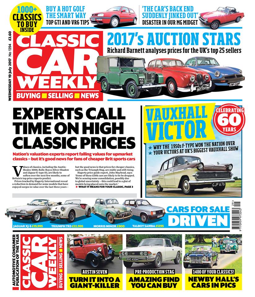 Here's what to look out for in tomorrow's issue of Classic Car Weekly: Why values for some of the nation's upmarket classics are softening - and the models that are bucking the trend Britain's best-selling 25 classics at auction - Richard Barnett's full analysis on what you've been buying since the start of the year 60 years of the Vauxhall Victor - we discover why the F-type is such a compelling classic, and look at the best Victors owned by Vauxhall devotees from across the UK Pre-production Triumph Stag comes up for auction - will it break a price record for the model? How to buy a hot Golf the smart way! Don't miss our buying tips on the MkIII GTI and VR6 Pictures of the best cars from the Newby Hall and Glamis Castle classic shows Top tweaks to turn the Austin Seven into a giant-killer Our Classics - the latest on our Alfa Romeo 145, MG Midget and Rover 200 BRM PLUS the latest news, auction updates, some Morris Minor overload in The Way We Were, four more cars for sale tested - included what we reckon could be Britain's best Triumph TR3 - and hundreds of cars just waiting to be snapped up in our classifieds pages.