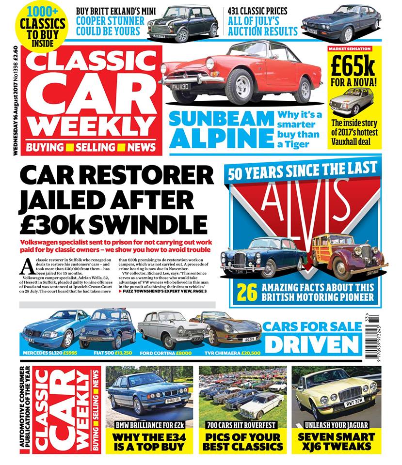 The latest issue of Classic Car Weekly is in the shops first thing tomorrow! Here's what to look forward to: Classic restorer jailed - we share our top tips on how to avoid your car's revival turning into a nightmare, and Fuzz Townshend shares his expert view 50 years since the last Alvis - don't miss our A-Z guide to one of our favourite British manufacturers and its greatest classics All of July's auction results - 431 of the latest classic prices from across the country Why a Vauxhall Nova has just been sold for £65,900 - full story in this week's issue Buy Britt Ekland's Mini! The stunning Cooper that could be your next classic buy Sunbeam Alpine driven - why we reckon it's such a wonderful 1960s roadster All the best cars from RoverFest and the BMC/BL Rally - is your car in this week's issue? Why we reckon the E34 5-Series is one of the best BMWs you can buy - don't miss our top tips Seven smart ways to make your Jaguar XJ6 or XJ12 better than ever Ever thought about buying a Borgward Isabella? We show you how PLUS the latest news, auction updates, some nostalgia of the Yorkshire variety in The Way We Were, four more cars for sale assessed (including a very nice Cortina MkI), and hundreds of great buys just waiting to be snapped up in those tempting classified ads - make sure you don't miss out on the best deals!