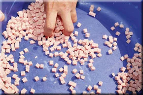 1. First, pour the contents of two tins of cubed up meat into a large groundbait bowl