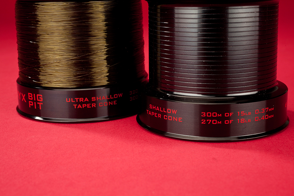 The Ultra Shallow spool holds 300m of 12lb; the Shallow holds 300m of 15lb 