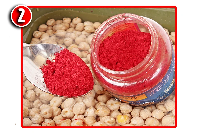  Add about a teaspoonful of red dye. This will darken the bait down and make it blend in better .