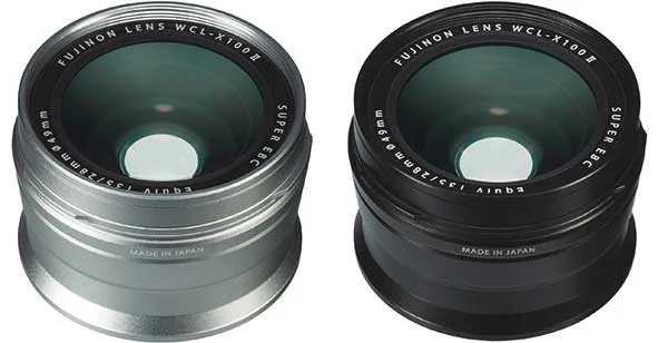Optional extra conversion lenses The X100F has a fixed wide-angle lens, but if you need a different focal length there are two optional conversion lenses that give you a 0.8x or 1.4x zoom.