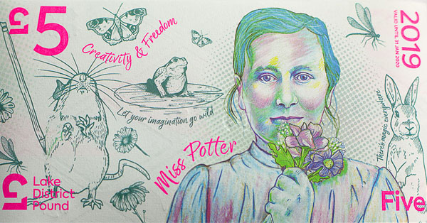 The LD£5 celebrates ‘Creativity and Freedom’, featuring Rebecca Gill’s artistic portrait of children’s author Beatrix Potter and a view across Buttermere in the Western Lake District.