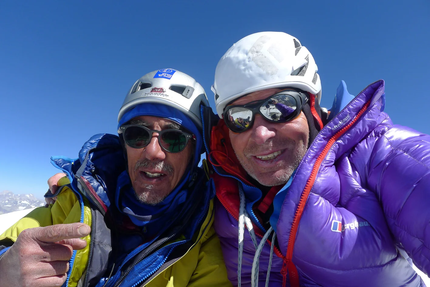 Sersank summit selfie in 2016 by Vic Saunders (left) and Mick Fowler.