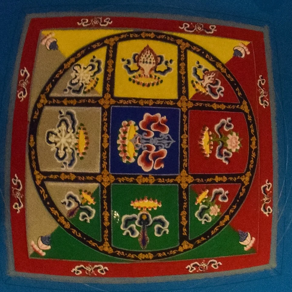 Overhead view of a section of the Yamantaka mandala, a cosmic blueprint of the palace of The Conqueror of Death.