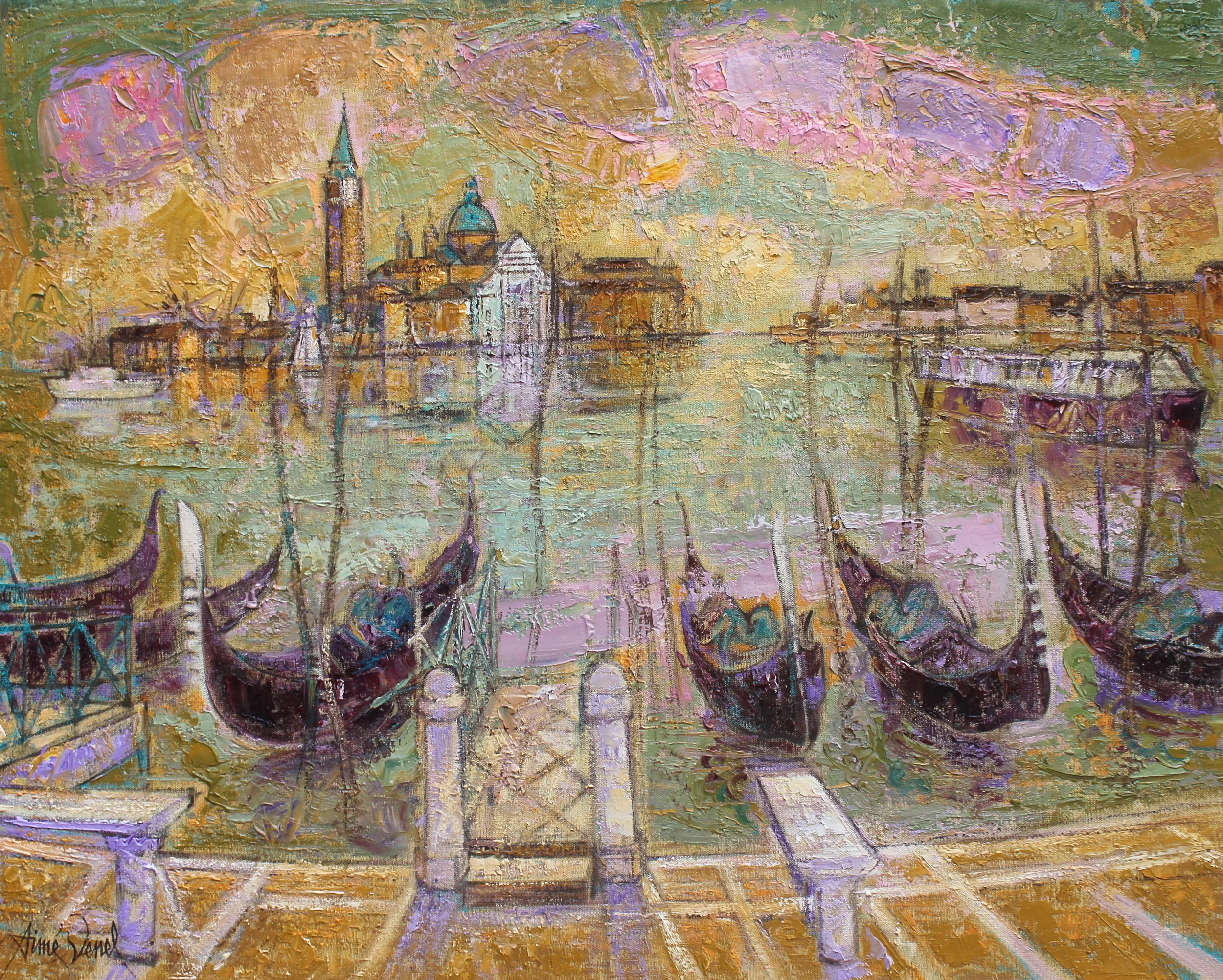 Embarcadères à Venise 81x65cm huile sur toile par Aimé Venel.JPG