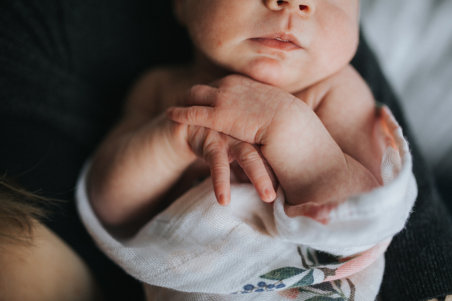1 week old sleeping baby girl close up of hands crossed - Uxbridge newborn photography