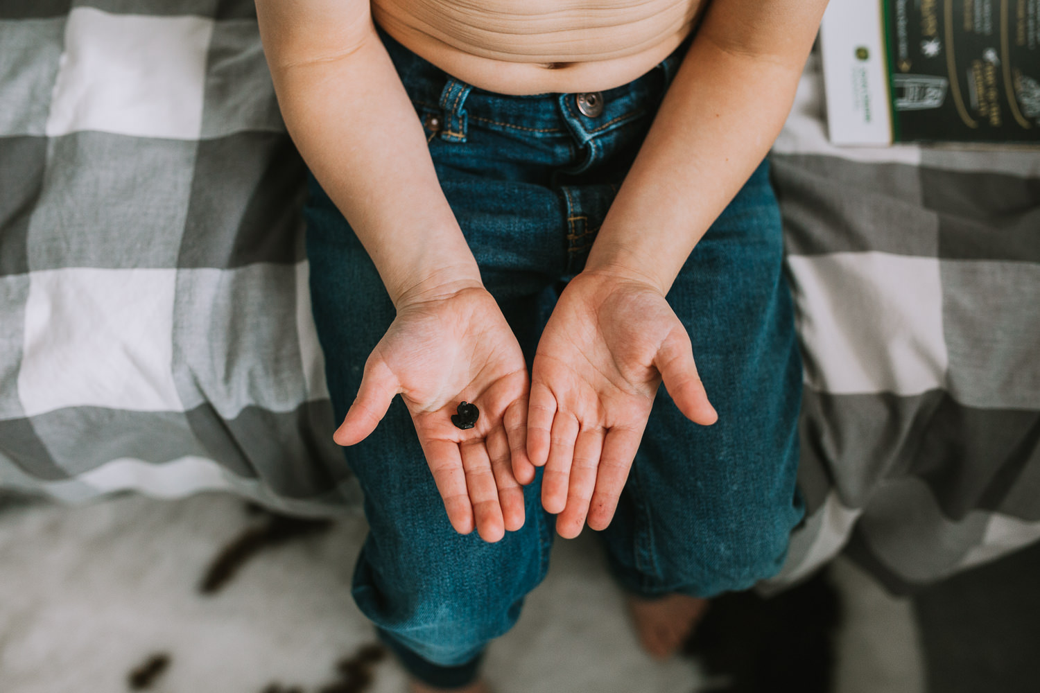 close up of coffee bean in 4 year old boy's hand - Stouffville lifestyle photos