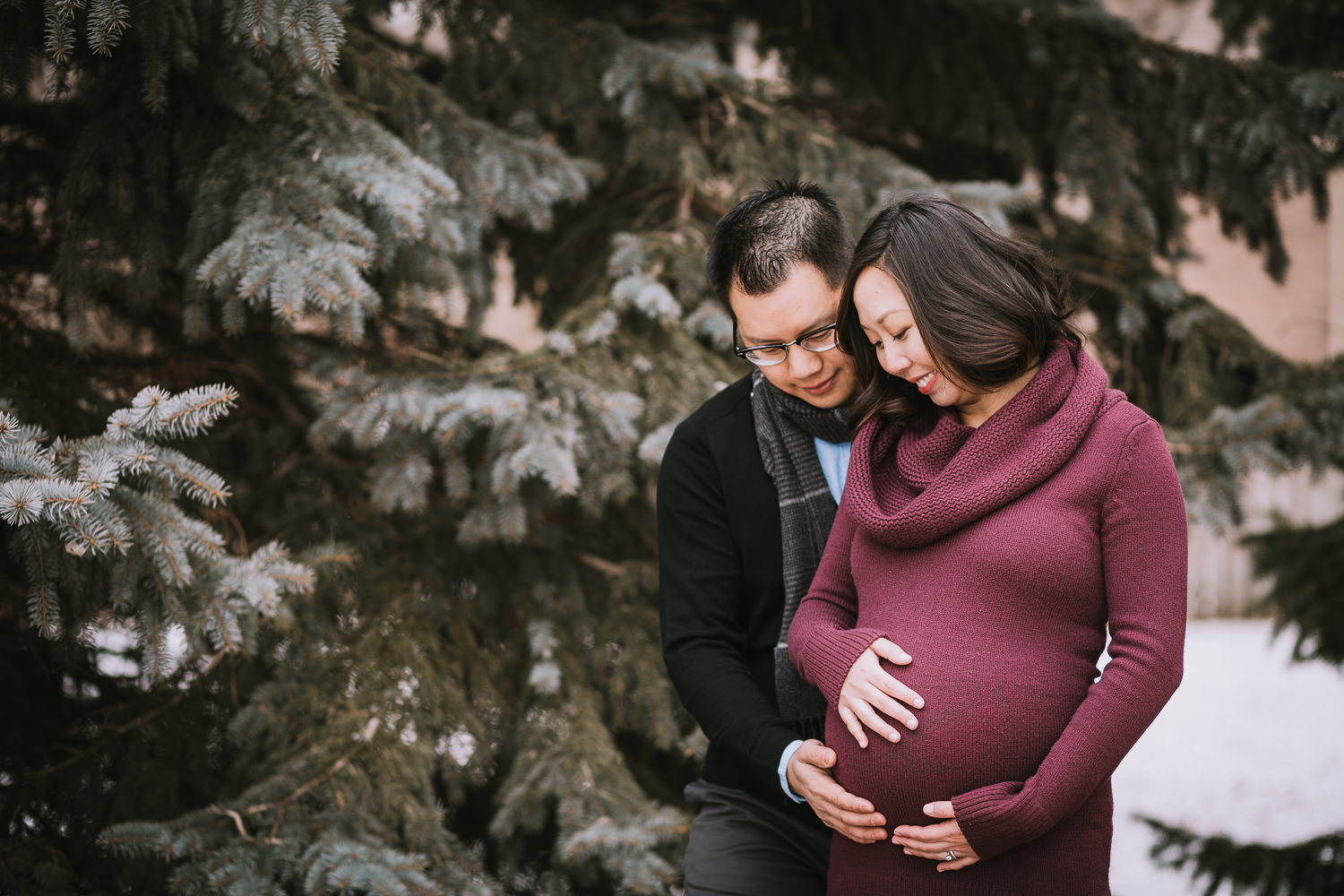 husband and wife hold and admire woman's pregnant belly - Markham lifestyle photography