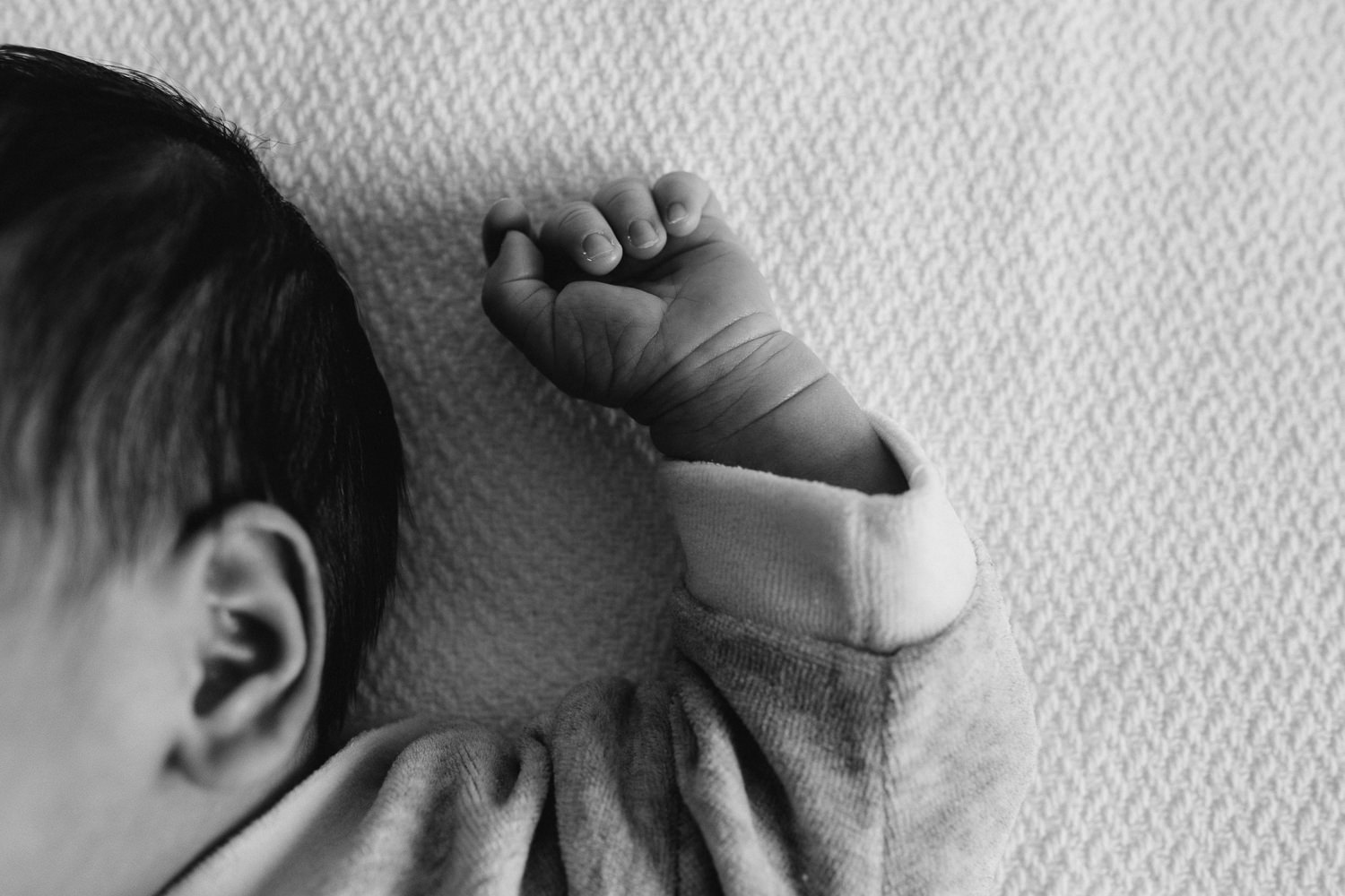 closeup of hand of 2 week old baby boy on white blanket - Newmarket in-home photos