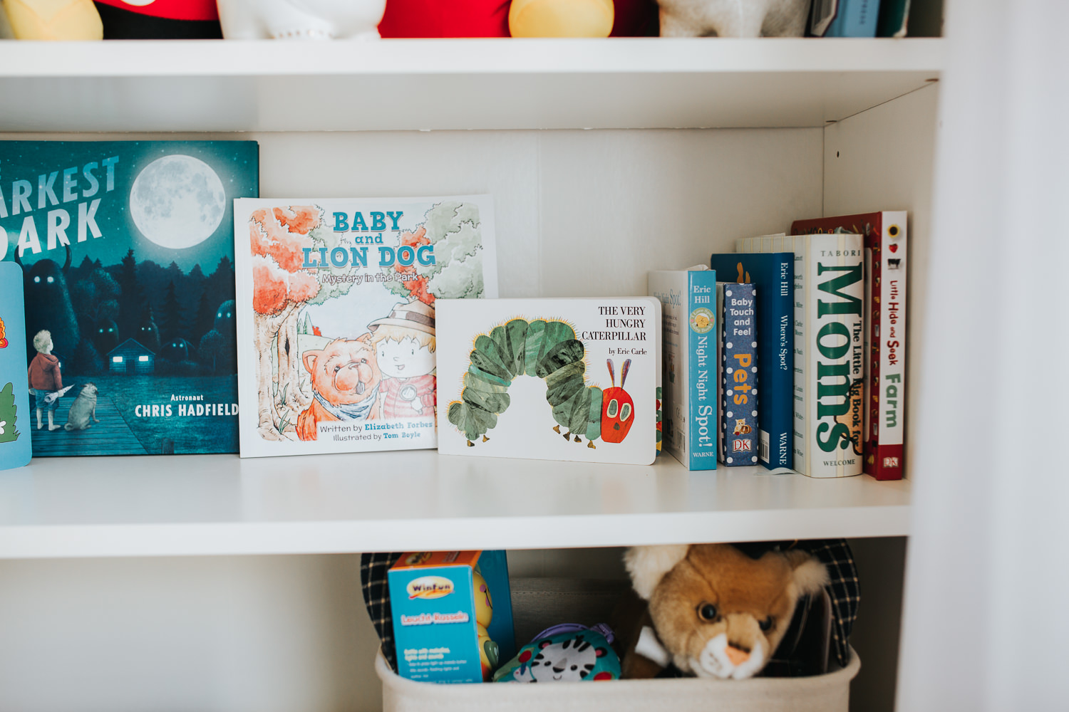 nursery details, children's books on bookshelf - Newmarket lifestyle photography