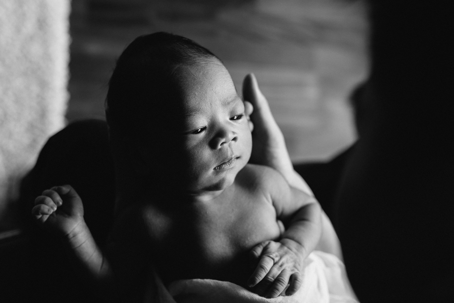 2 week old baby boy sleeping in father's arms - first time dad holding and looking at 2 week old baby son - Newmarket lifestyle photos