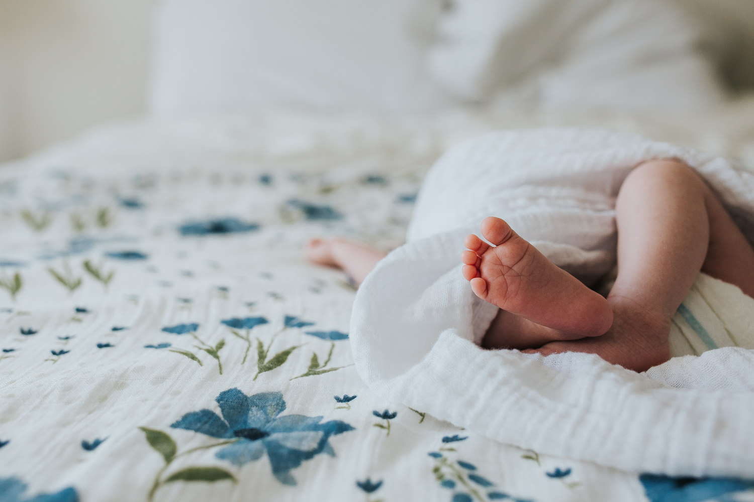 2 week old baby girl lying on bed, close up of feed in swaddle - Markham lifestyle photography