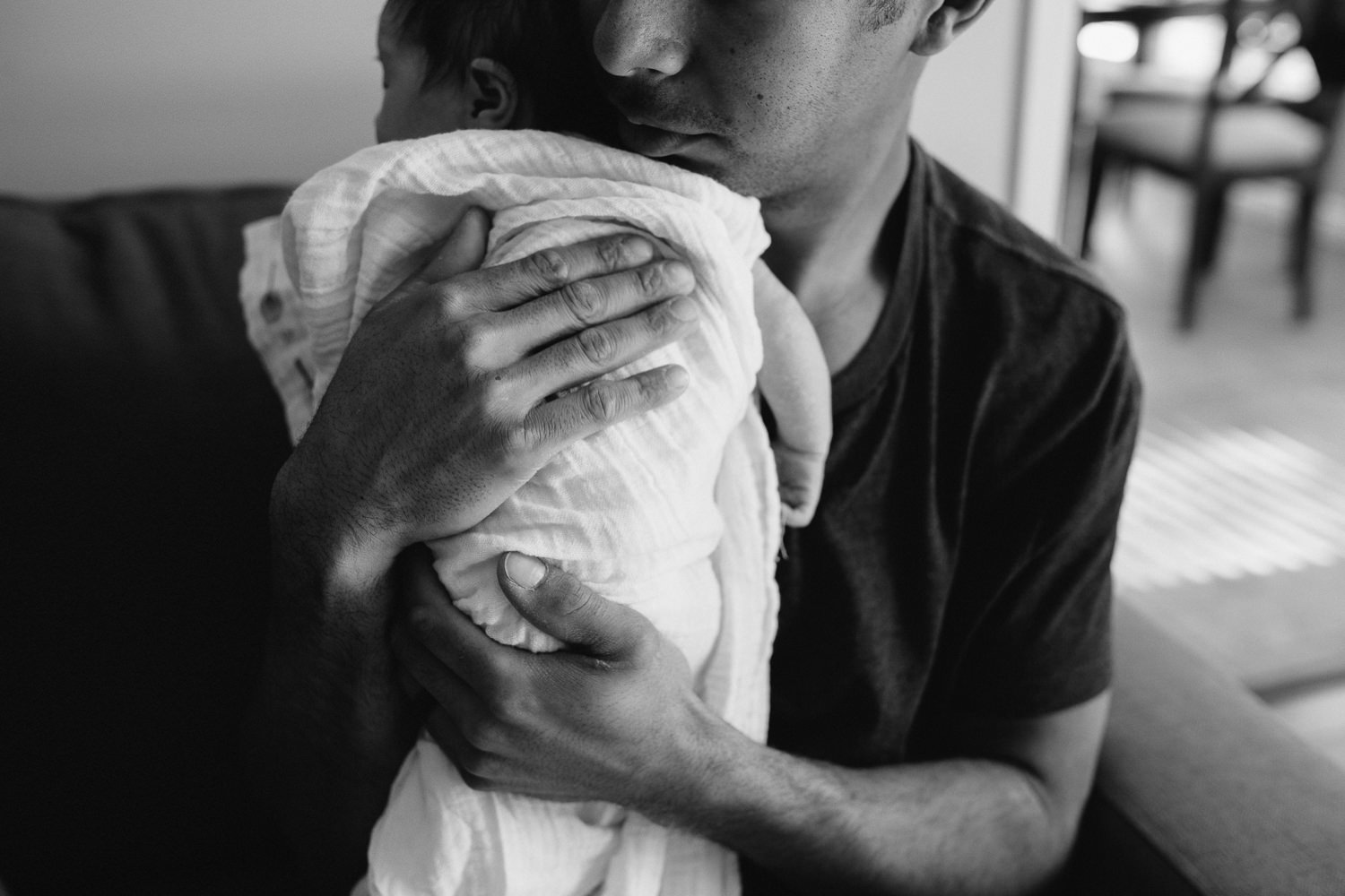 new dad burping 2 week old daughter over shoulder - Stouffville lifestyle photos