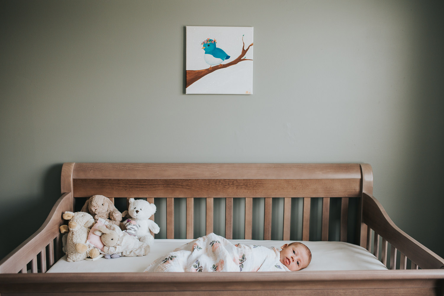 6 week old baby girl lying swaddled in crib - Stouffville in-home photography 