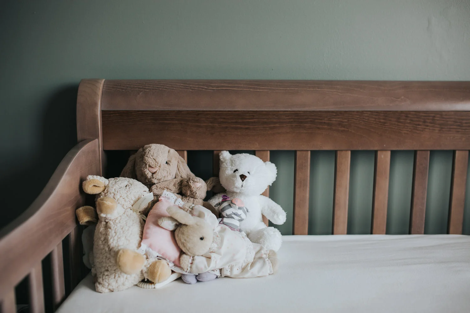 nursery details, stuffed animals in crib in green nursery - Barrie in-home photography