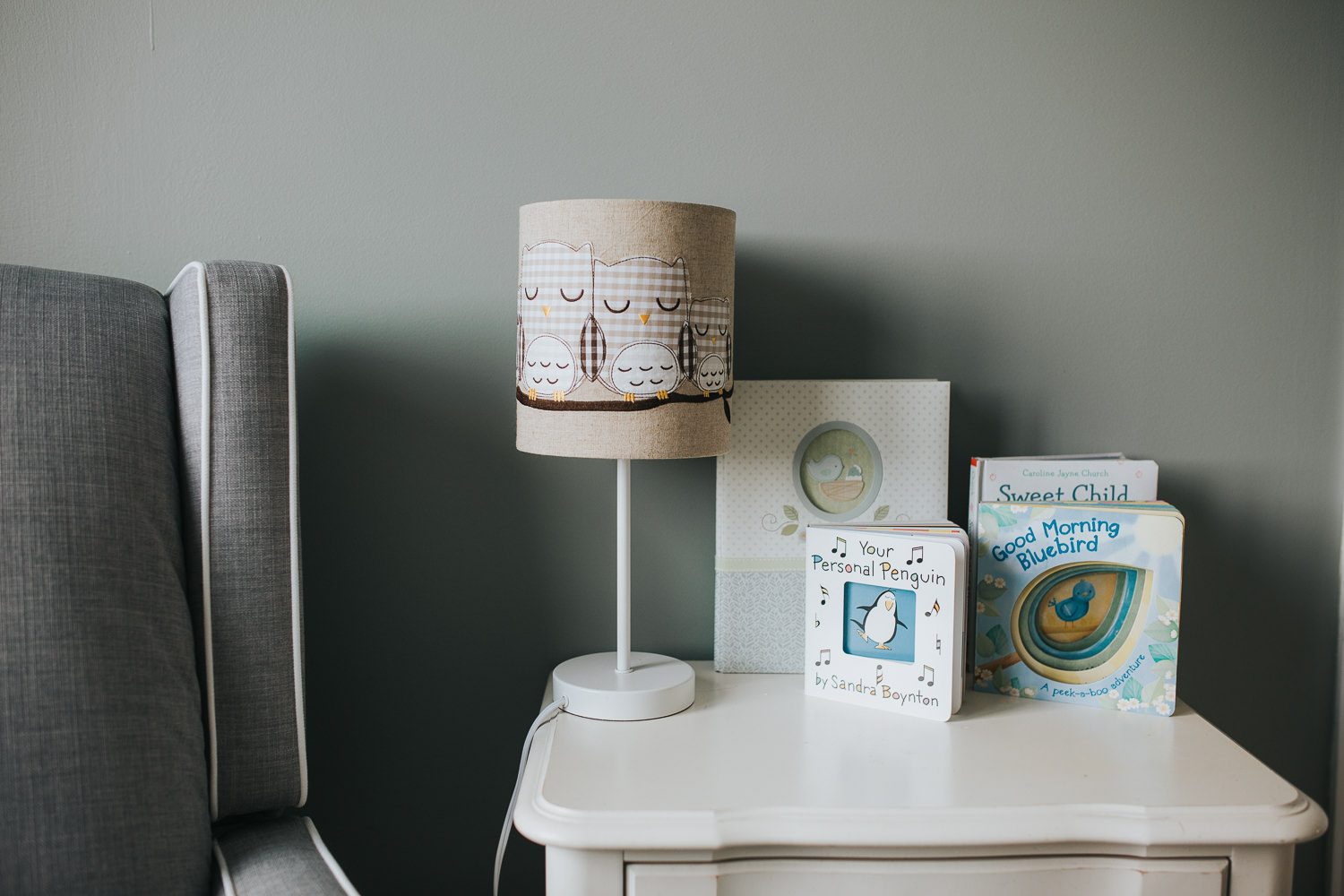 green nursery details, nightstand - Stouffville lifestyle photos