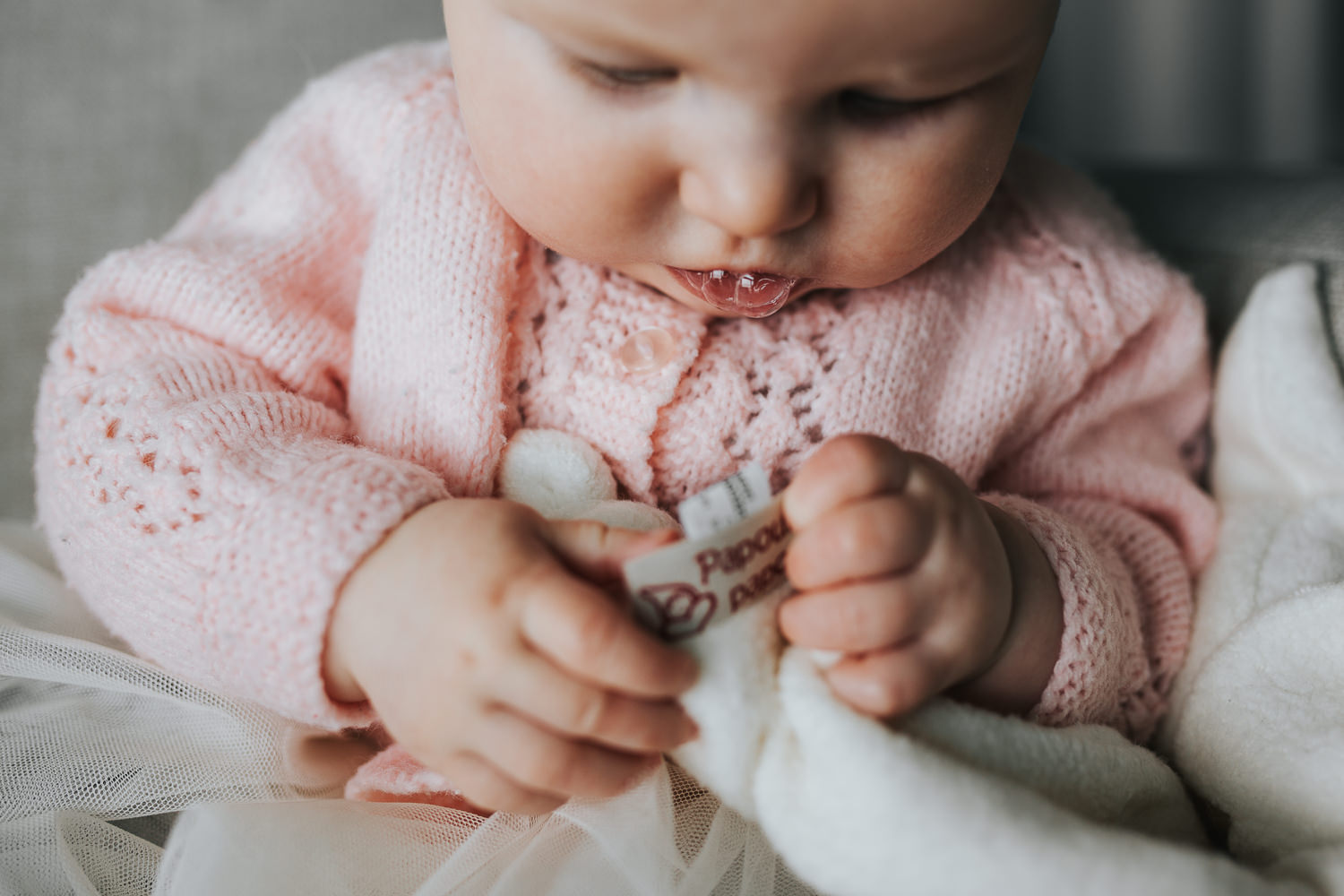 5 month old baby girl in pink sweater playing with toy and drooling - Barrie in-home photography